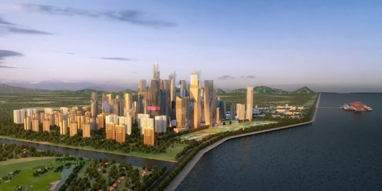 Un rendering del progetto della città di Lazika in Georgia