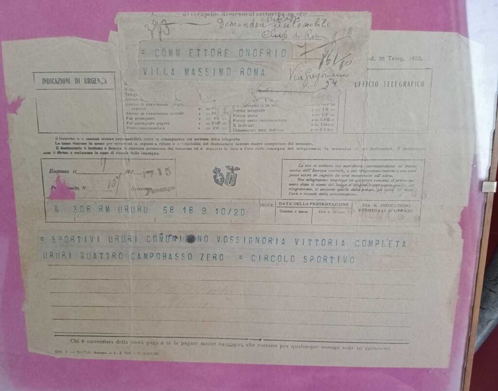 Il telegramma dell'Aurora Ururi inviato al Presidente onorario