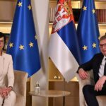 La commissaria europea per l'allargamento Marta Kos partecipa all'incontro con il presidente serbo Aleksandar Vučić a Belgrado, Serbia, martedì 29 aprile 2025