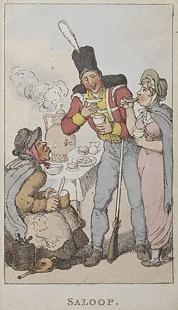 Membri delle classi sociali inferiori si godono il saloop in uno schizzo di Thomas Rowlandson, 1820