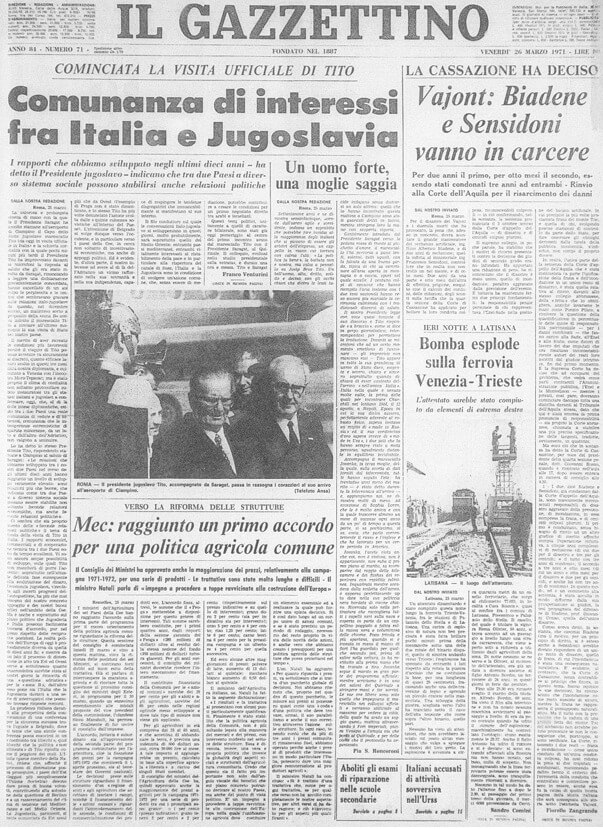 Il Gazzettino, edizione di venerdì 26 marzo 1971, prima pagina. Possibile fraintendimento di un attentato a Tito