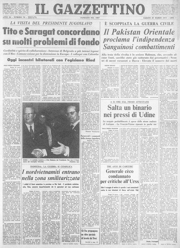Il Gazzettino, edizione di sabato 27 marzo 1971. In prima pagina la foto di Tito e Saragat accanto all’articolo sull’attentato ferroviario di Udine