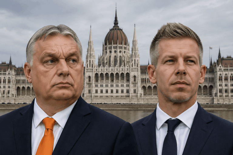 Viktor Orban e Peter Magyar davanti al parlamento ungherese (Immagine creata con Chatgpt)