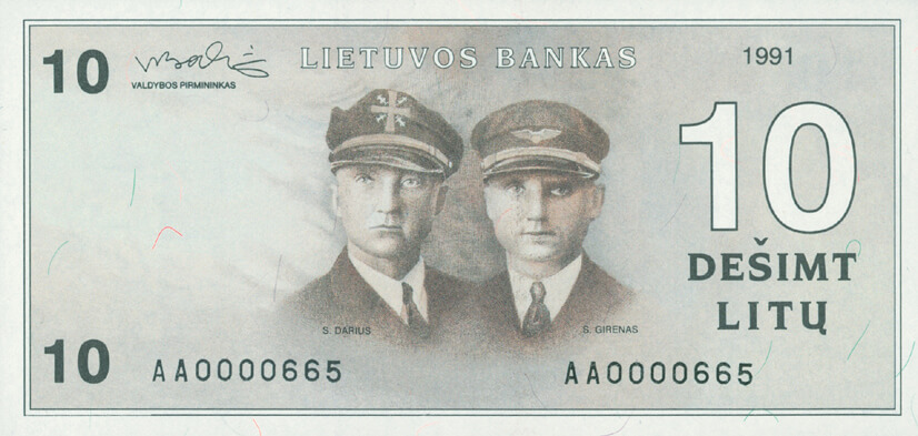 Banconota da 10 litas emessa nel 1991