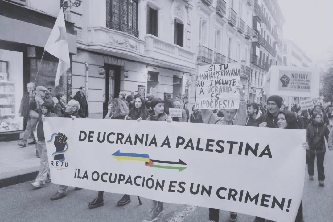 Manifestazione a Madrid Global Sumud Flotilla Palestina Ucraina Andriy Movchan