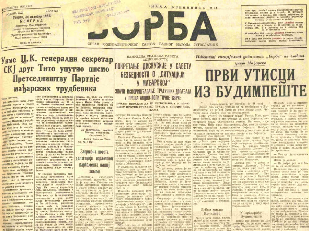 Borba, edizione del 30 ottobre 1956, sulla rivoluzione ungherese
