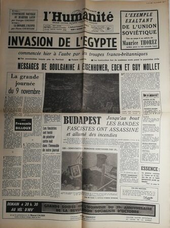 L&rsquo;Humanit&eacute;, edizione del 06 novembre 1956, sulla rivoluzione ungherese